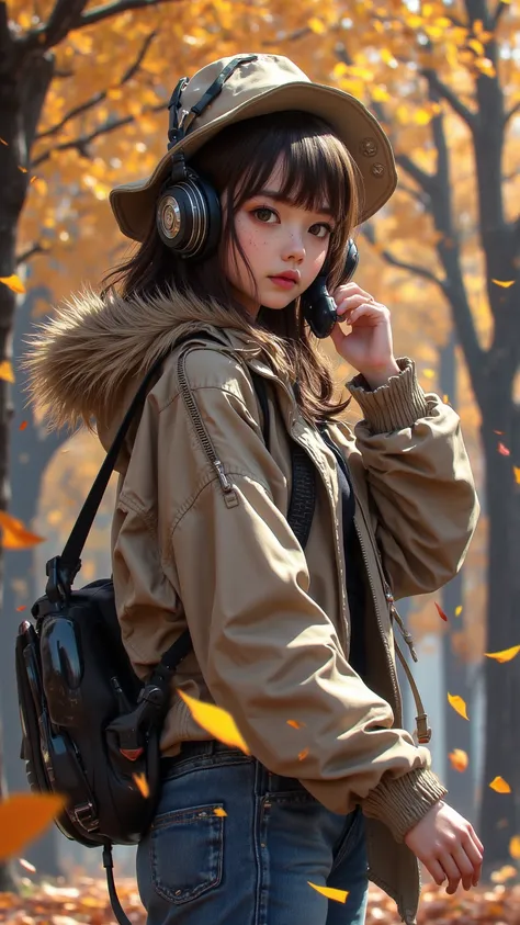  Girl listening to music ， She wears Jacket and Jeans ，Girl with hat ， The background is in an autumn-themed park。 leaves fall from tree ， The picture focuses on the girl's upper body ， with emphasis above waist 。 Color palette to emphasize autumn colors 。