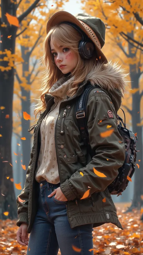  Girl listening to music ， She wears Jacket and Jeans ，Girl with hat ， The background is in an autumn-themed park。 leaves fall from tree ， The picture focuses on the girl's upper body ， with emphasis above waist 。 Color palette to emphasize autumn colors 。