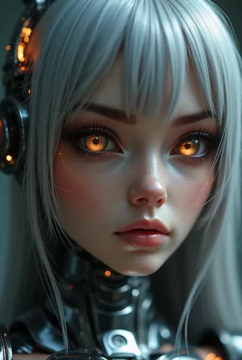   superior quality,  high detail on the face, 4K, ,  Sexy robot girl, (Metal),  &  Titanium Leather , Sexy robot face (With  Features),   cyber eyes  (Thick skin around the eyes,  clear pupils ),  1 , Sensual,  perfect hand( 5 fingers), wig(False hair),   ...