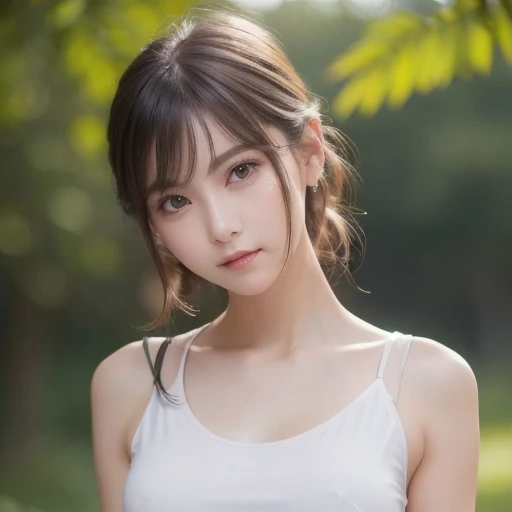 pure 20 year old girl 、(( white tank top ,  Dramatic Poses)),smile,Shortcut, nature park 、 RAW Photo, (8k、 top quality、​masterpiece:1.2)、( delicate details:1.4)、( photorealistic:1.4)、 Octane Rendering 、 complex 3d rendering super detailed,  wearing a soft ...