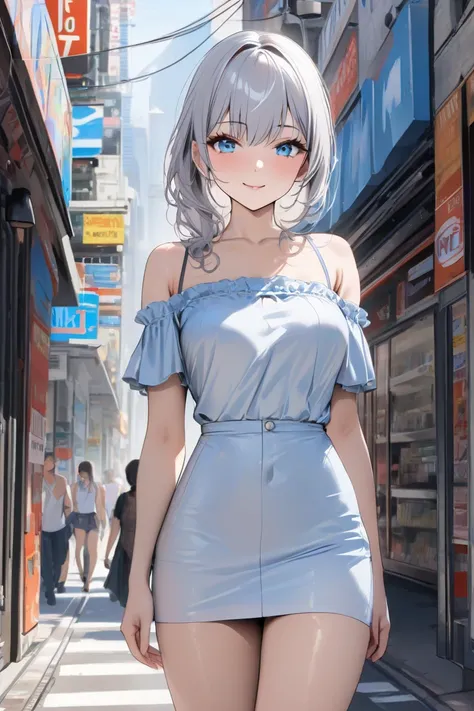  top quality,  masterpiece,   high res, 8k, (1 girl), Alone, (((cowboy shot))),   Silver hair, blue eyes, Russian beautiful girl, Walking through the streets of Akihabara , smile,  light blue mini dress