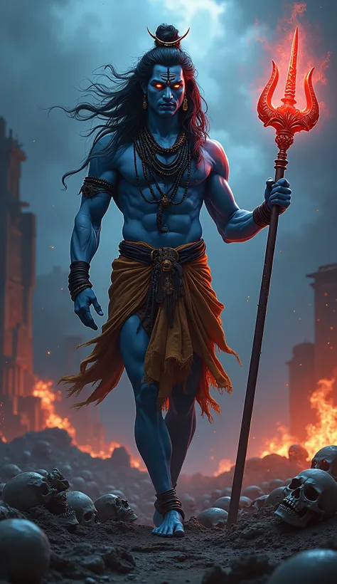 "A hyper-realistic, cinematic digital painting of Lord Shiva standing in a dark, apocalyptic battlefield, exuding raw divine power. He has a fierce expression, glowing blue skin, and deep, intense eyes radiating cosmic energy. His long, wild hair flows lik...