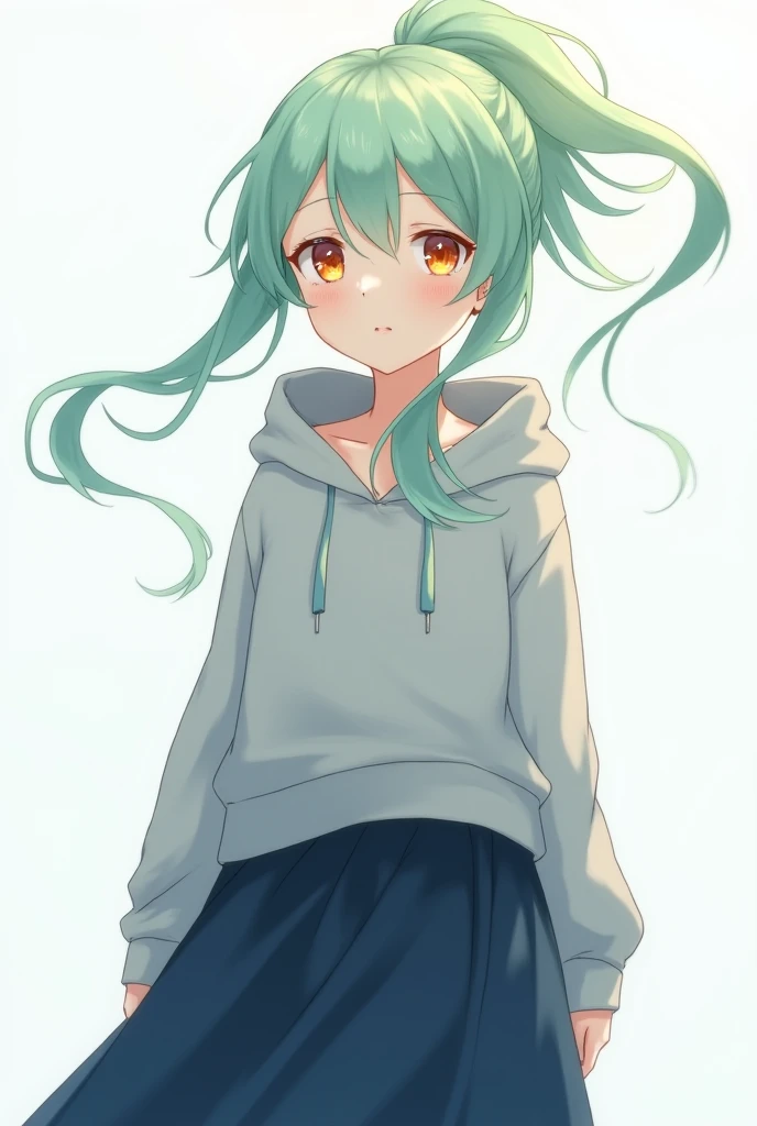  Girl with pastel green hair and bright orange eyes,wearing an ash-colored Hoodie and a long skirt in dark blue, anime,style anime,and ponytail hairstyles,blank eyes 