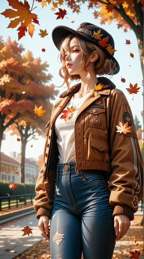  Girl listening to music ， She wears Jacket and Jeans ，Girl with hat ， The background is in an autumn-themed park。 leaves fall from tree ， The picture focuses on the girl's upper body ， with emphasis above waist 。 Color palette to emphasize autumn colors 。