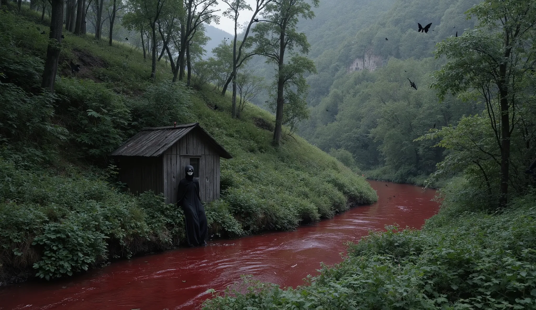 A dark scene with a black background, a small cabin on the side of the hill. The hill is covered in green plants of all different kinds. Tall trees with many small leaves around the scene. A small river with blood red water flows through the scene. Black b...