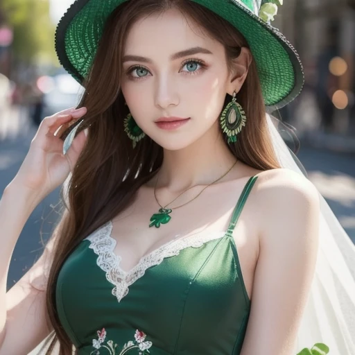  top quality,  professional lighting,  natural light,  highly detailed ,  by Nomi,  beautiful eye with attention to detail in embroidered underwear, fairytale scene, holy. St. Patrick's Day , 1 girl, 18, cute, pale skin on a street car,  Green Eyes,  ginge...