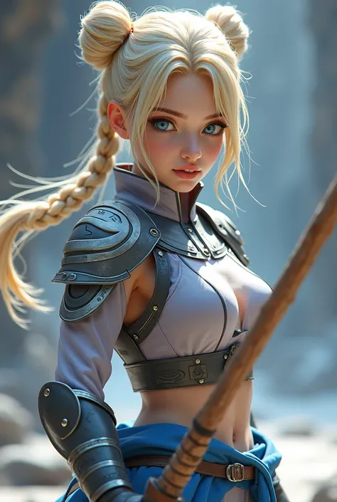 Character. Asian,with Scandinavian traits. Proportional head. PG 13.Female. Blonde hair, in twin buns and braids,bangs.. Bright blue eyes. Tall, 5'6". Slim. Athletic. Anatomically Correct,  wearing, asian styled clothing, gray, lavender, sky blue. Armoured...