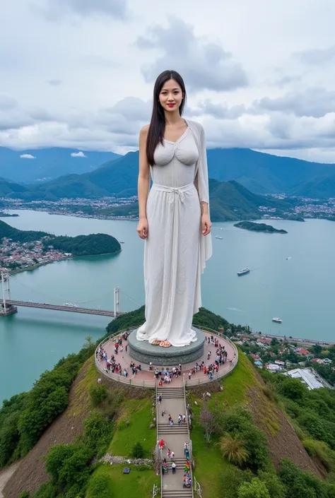 A sexy brunette very long-haired beautiful indonesian woman big breast, wearing white ancient rome clothes, look front view, becomes a giant statue on the top of a green hill as a tourist destination, many visitors are around it , tilt view, a beautiful ba...