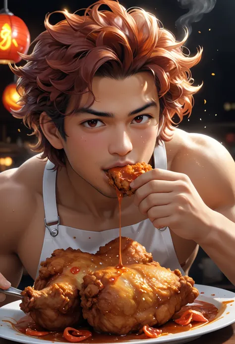 (Spicy fried chicken, 1boy eating Spicy fried chicken:1.1), simple but exquisite fried food. The chicken is fried with salt and pepper, and the crispy texture and juicy gravy are attractive., (best quality AND masterpiece AND absolutely resolution AND incr...