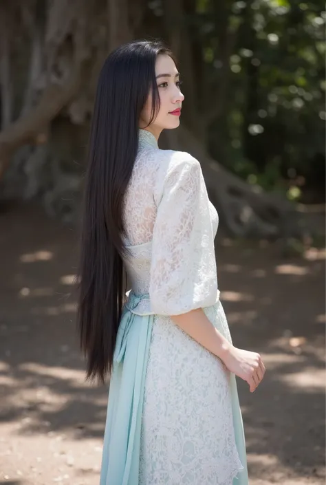 Chinese Cheongsam，Tang Sancai style，girl，Northern Europe，White skin，Extra long hair，Black Hair，Straight Hair
