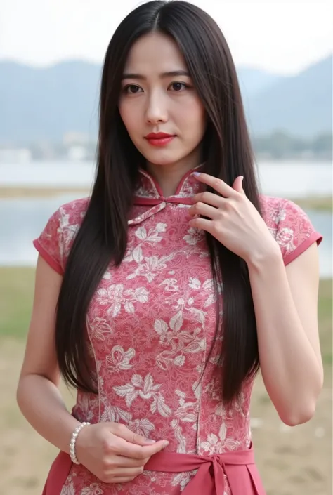 Chinese Cheongsam，Tang Sancai style，girl，Northern Europe，White skin，Extra long hair，Black Hair，Straight Hair
