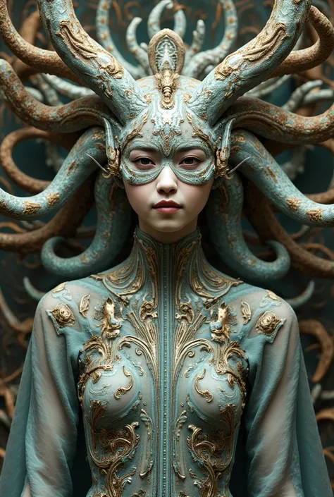 Another World, (masterpiece), (great), (Extremely fine), Wallpaper, viewer, Giger, flores, Baroque, octopus, Goddess, ULTRA DEFINED, ultra realistic, 3D model, transparent, Lovecraft, medusa, portrait, Gothic, grotesque, intricate biomechanical details, ce...