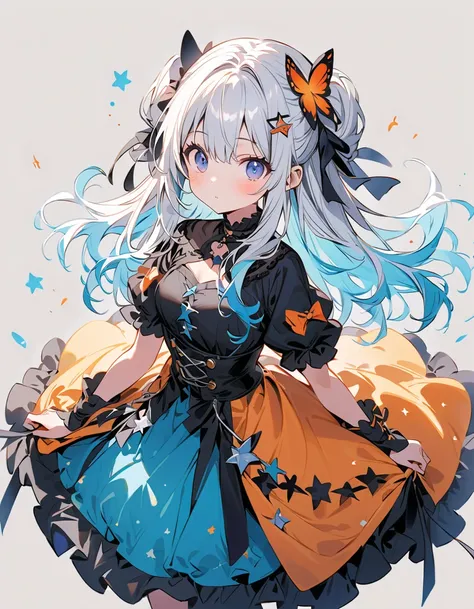   BEST DETAILS、   girl，，Blink，    Best quality   ， milky white and blue gradation hair color、Wear a colorful and cute gothic kimono costume   ,  Star Fairy ,Wear a colorful and cute gothic kimono costume    with little fairy feathers growing from above you...