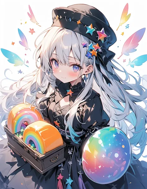   BEST DETAILS、   girl，，Blink，    Best quality   ， milky white and blue gradation hair color、Wear a colorful and cute gothic kimono costume   ,  Star Fairy ,Wear a colorful and cute gothic kimono costume    with little fairy feathers growing from above you...