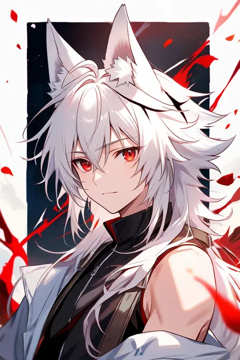 A white-haired boy with white wolf ears with a black patch in his hair and red eyes 