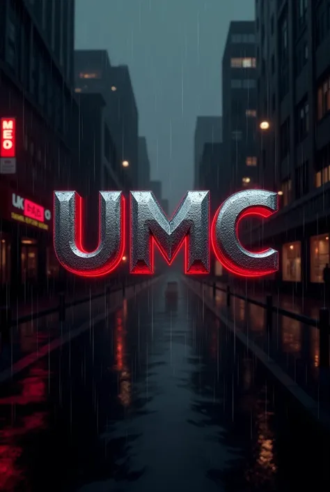 I need a logo with three letters in the middle, UMC, Give it a Cyberpunk touch, with red and black color palette, in the background a rainy city . The letters with metallic style. 