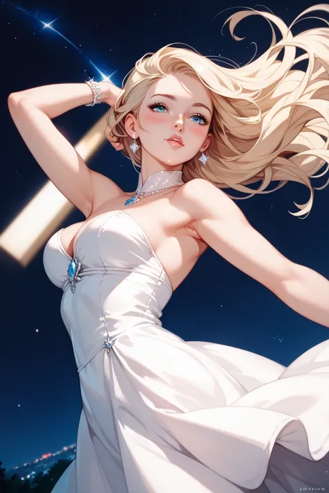  masterpiece,  top quality,  High precision,  super high resolution,  blond and blue eyed,Long hair that goes up to the waist,Night Sky, white dress, is looking at this, slightly blushing,I'm grinning, pose to put her hands on her lower back,