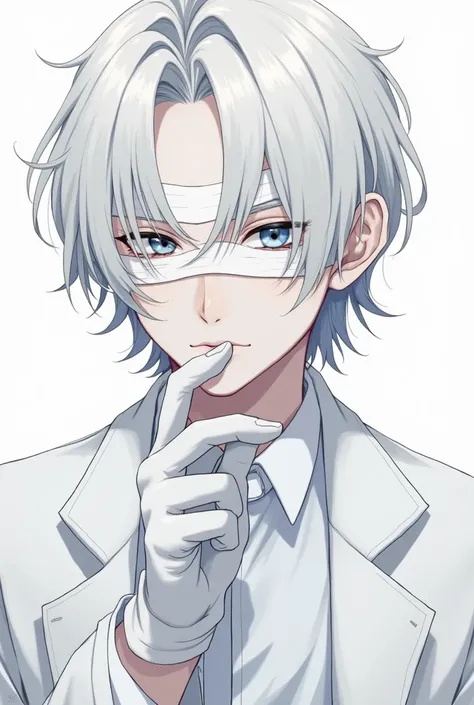 Create the image with these descriptions ,  that is intimidating and heavenly ,  but at the same time modern and youthful , anime environment :
" Young man with white bandages covering the upper part of his face starting from the nose upwards,  covering bo...