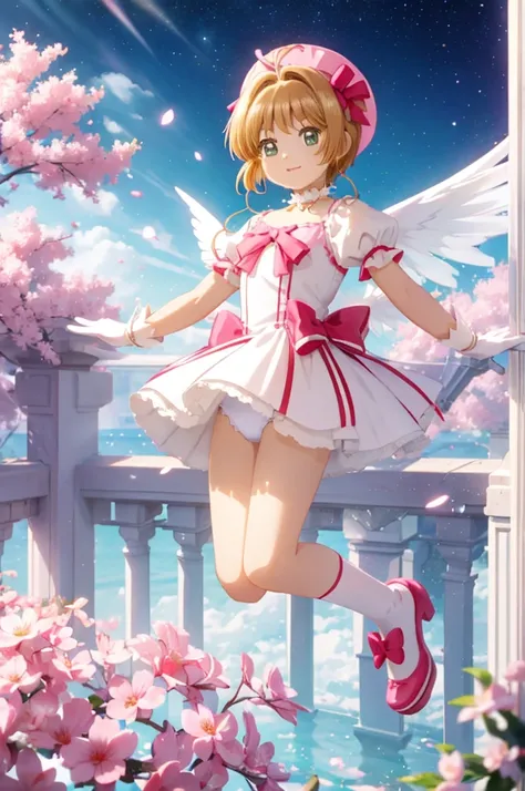 A beautiful girl in a magical girl dress costume jumping for joy, anime girl, 1 girl, beautiful girl, Kinomoto Sakura, (20 years old girl), (growing up), HD transparent background, outdoors, cherry blossoms, starry sky, ponytail, hair bow, cute smile, pink...