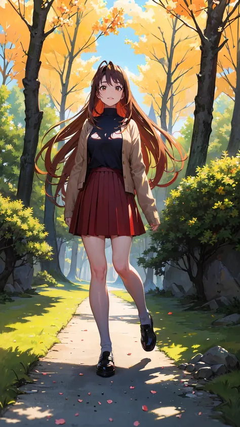 naru narusegawa, long hairs, yellow turtleneck, (red pleated skirt:1.1), looking at viewer, full body shot, sakura trees in background, blue sky, beautiful face, highly detailled eyes, masterpiece, absurdres