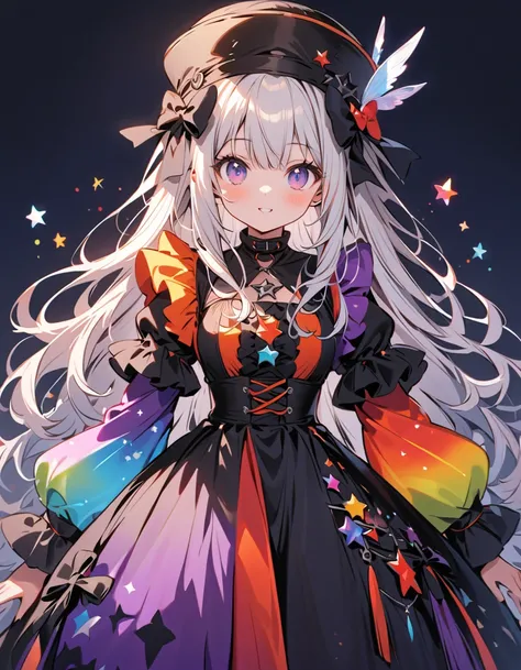   BEST DETAILS、   girl，，Blink，    Best quality   ， milky white and blue gradation hair color、Wear a colorful and cute gothic kimono costume   ,  Star Fairy ,Wear a colorful and cute gothic kimono costume    with little fairy feathers growing from above you...