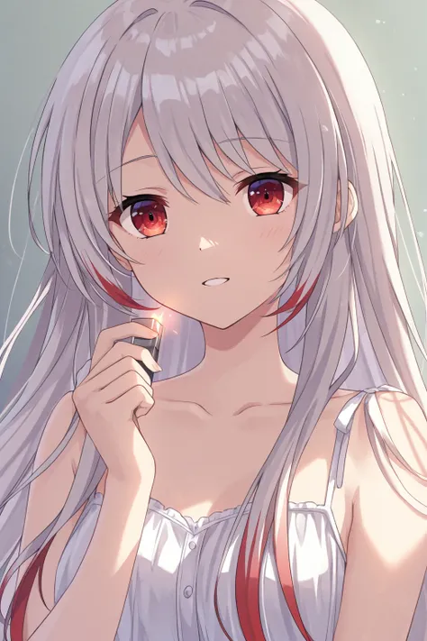 A vibrant anime-style 20 years old girl character with long length silver hair that fades into a lighter shade at the tips. She has crimson red eyes with a sparkling. She is wearing a white casual dress. She has a normal expression.,