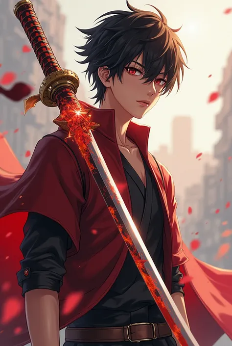  Draw an Anime boy who is 32 years old but is still as young as 18 years old holding a katana in his left hand. Katana with a fire pattern on the scabbard and the sword hilt wrapped in a star shape .Tsuba in the shape of a bronze drum  