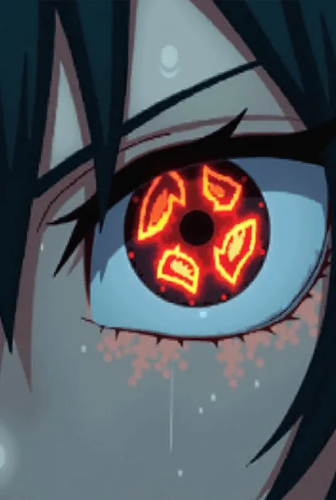 A dojutsu, irises form a jagged ring , resembling a broken halo, while his pupils are slitted but occasionally split into two or three before reforming.