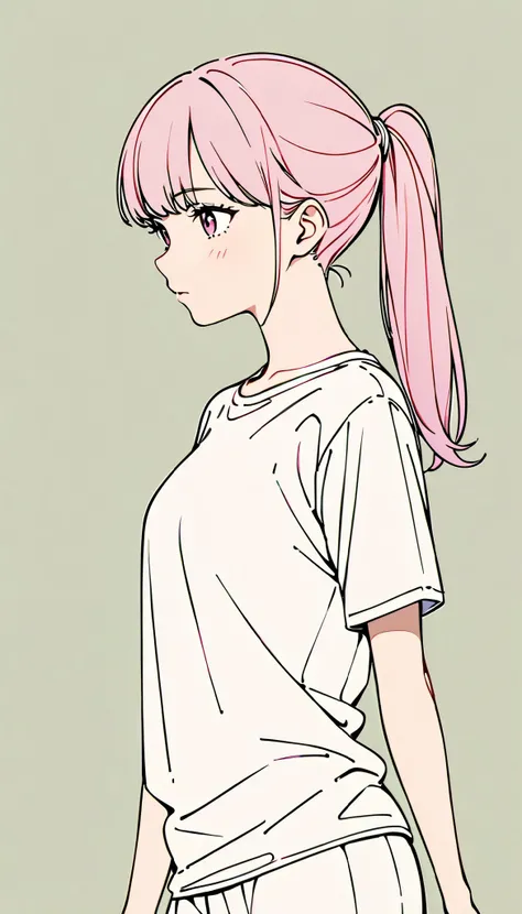 Girl with ponytail、Clothes are T-shirts、 Line Art、 Slender、 beauty