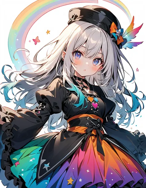   BEST DETAILS、   girl，，Blink，    Best quality   ， milky white and blue gradation hair color、Wear a colorful and cute gothic kimono costume   ,  Star Fairy ,Wear a colorful and cute gothic kimono costume    with little fairy feathers growing from above you...