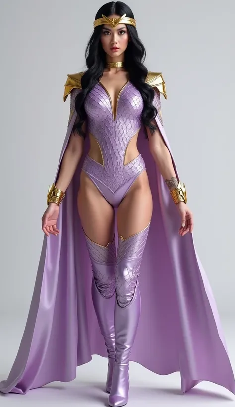  Create a realistic man ,  an attractive young beautiful and gorgeous female hero Varga, sexy, strong and futuristic with black hair , wearing a lilac metallic two piece leotard micro costume with lilac metallic cape,,, with scaled texture with yellow orna...