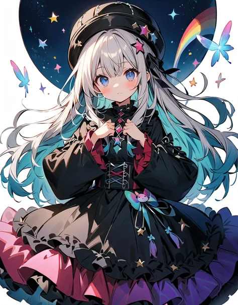   BEST DETAILS、   girl，，Blink，    Best quality   ， milky white and blue gradation hair color、Wear a colorful and cute gothic kimono costume   ,  Star Fairy ,Wear a colorful and cute gothic kimono costume    with little fairy feathers growing from above you...