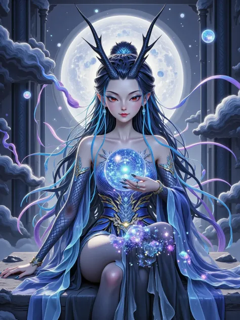 Aorun, with long dark blue hair and a pair of dragon horns on her head, is a dark matter evil goddess in hyperspace. Her body, condensed from gray mist, is covered with nebula-like cracks. Miniature cosmic matrices float within her pupils. Her skeletal han...