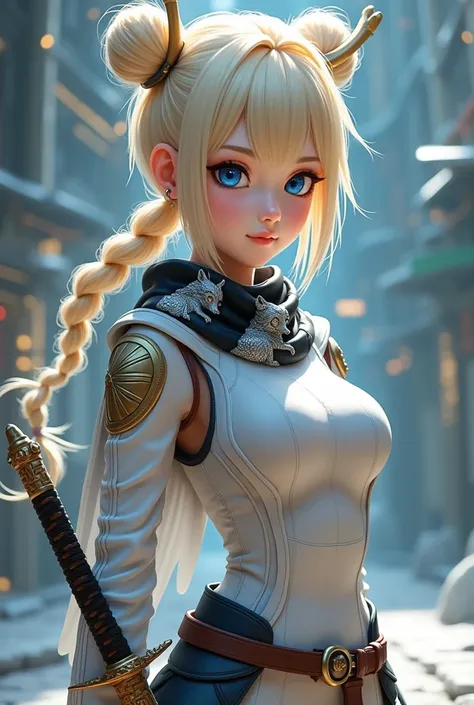 Character. Asian,with Scandinavian traits. Proportional head. PG 13.Female. Blonde hair, in twin buns and braids,bangs.. Bright blue eyes. Tall, 5'6". Slim. Athletic. Anatomically Correct,  wearing, asian styled clothing, gray, lavender, sky blue. Wearing ...