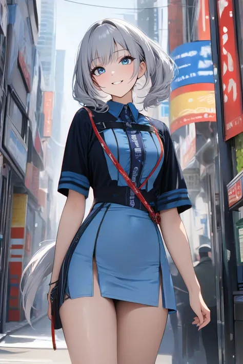  top quality,  masterpiece,   high res, 8k, (1 girl), Alone, (((cowboy shot))),   Silver hair, blue eyes, Russian beautiful girl, Walking through the streets of Akihabara , smile,  light blue mini dress,  straight twin tail 