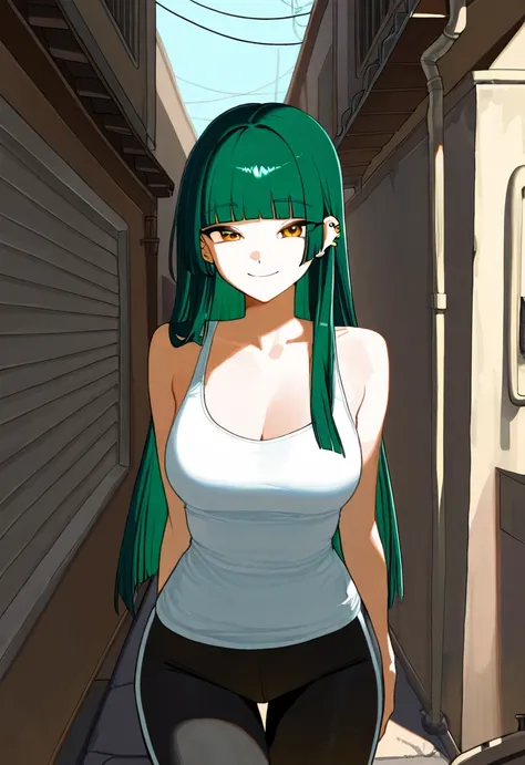 1 female,  Long Layered Cut,  straight hair, Hime cut,  green hair,  gold eyes,  moderate breasts, Iljin,  short tank top , Wearing black leggings,  ear piercing,smile,  eyes with raised corners of the eyes , 나쁜 smile,  Alley