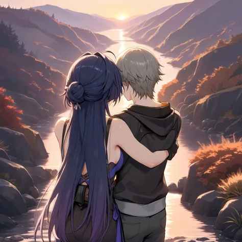 Love couple, Caelus Honkai Star Rail and Raiden Mei, hugging each other, river in background, masterpiece, best quality, High resolution 