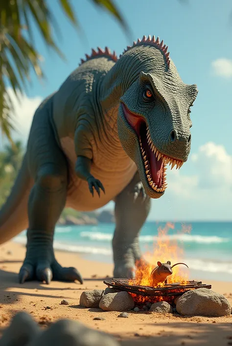 Dinosaur roasting a mouse on a grill on the beach 