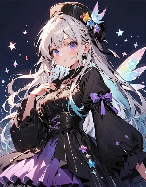   BEST DETAILS、   girl，，Blink，    Best quality   ， milky white and blue gradation hair color、Wear a colorful and cute gothic kimono costume   ,  Star Fairy ,Wear a colorful and cute gothic kimono costume    with little fairy feathers growing from above you...