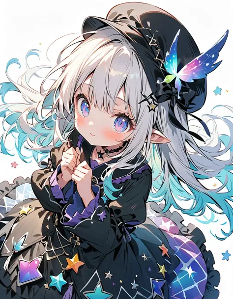   BEST DETAILS、   girl，，Blink，    Best quality   ， milky white and blue gradation hair color、Wear a colorful and cute gothic kimono costume   ,  Star Fairy ,Wear a colorful and cute gothic kimono costume    with little fairy feathers growing from above you...