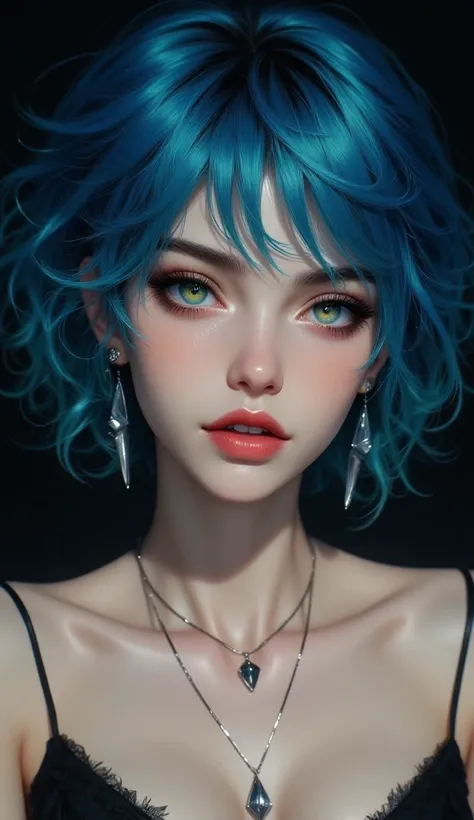 masterpiece, best quality, 32k, high resolution, absurdres , Cl4r4, Cl4r4RH, 1girl, blue hair, mullet, short hair, messy hair,  curly, undercut, (black)gradient hair, green eyes, beautiful lips, piercings, neck  tattoo, detailed eyes, detailed lips, naked,...