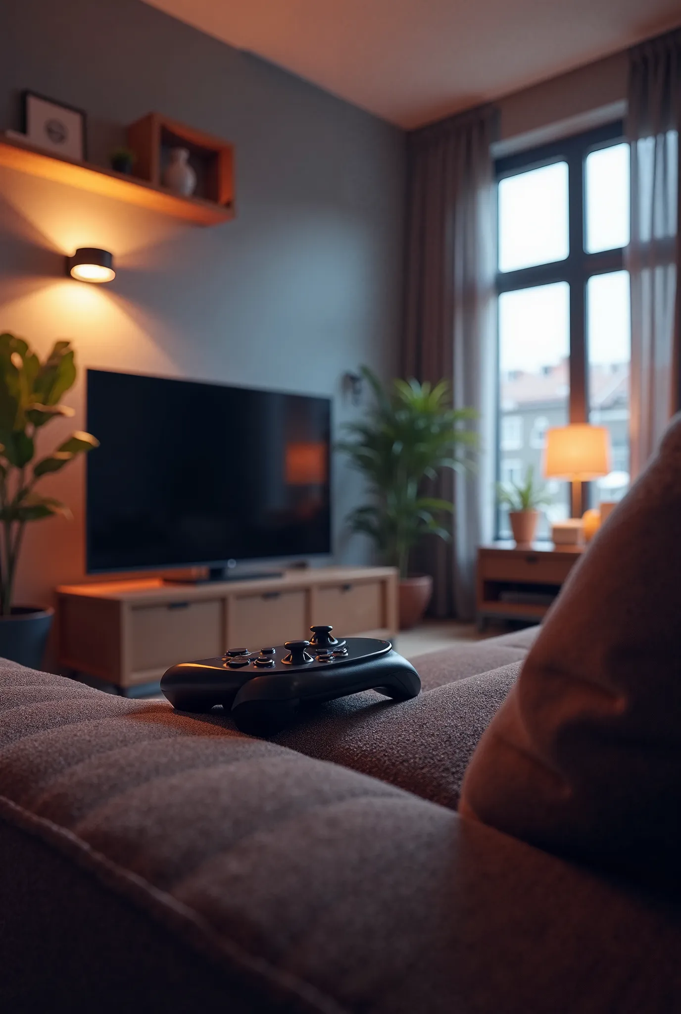 Apartment, big Tv screen, couch,small windoss,not futuristic,gamepad,game on TV