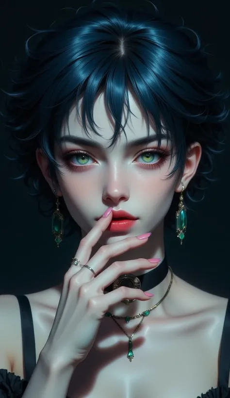 masterpiece, best quality, 32k, high resolution, absurdres , Cl4r4, Cl4r4RH, 1girl, blue hair, mullet, short hair, messy hair,  curly, undercut, (black)gradient hair, green eyes, beautiful lips, piercings, neck  tattoo, detailed eyes, detailed lips, naked,...