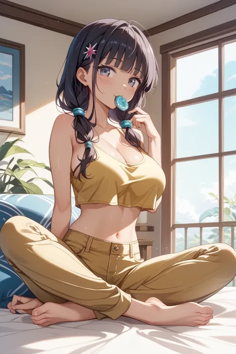  high res、   detailed hands、   detailed face、Detailed feet、   perfect lighting、Glossy Skin、( one girl、Beauty、Big Breasts)( brown skin、Eyes are golden、love cropped tank top、 skinny pants、I'm holding a hair elastic in my mouth、 black hair、 long hair、The hair...