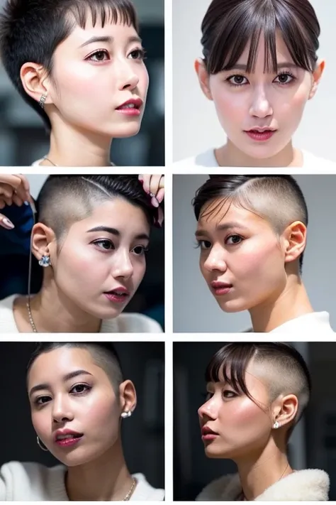  Contact sheet with 4 images of a woman "Yukirinu/ ゆきりぬ", Forcebly receive a clean precise "men inspired" Ultra short spiky buzzcut and with a high fade undercut and a side shave for a woman "Yukirinu/ ゆきりぬ", more extreme short. in military barbershop