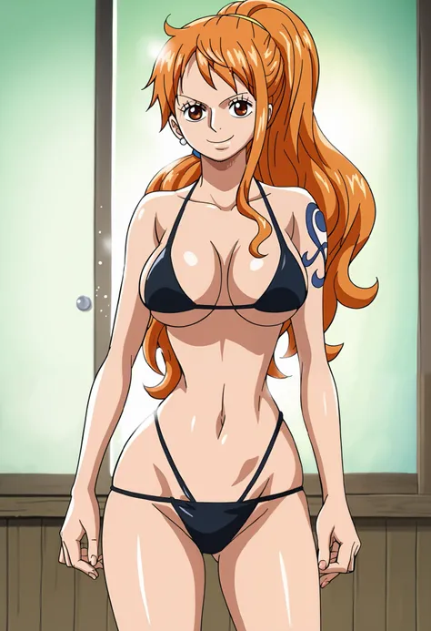 score_9_up, best quality, cowboy shot, anime_source, anime style, (SOLO:1.7), 1girl, Nami, orange hair, (black swimsuit:1.6), morning, (ponytail:1.7), (totally skimpy:1.6),  (serious smile:1.3), (curvy body:0.7),), (slightly looking at the viewer:1.2) (Med...