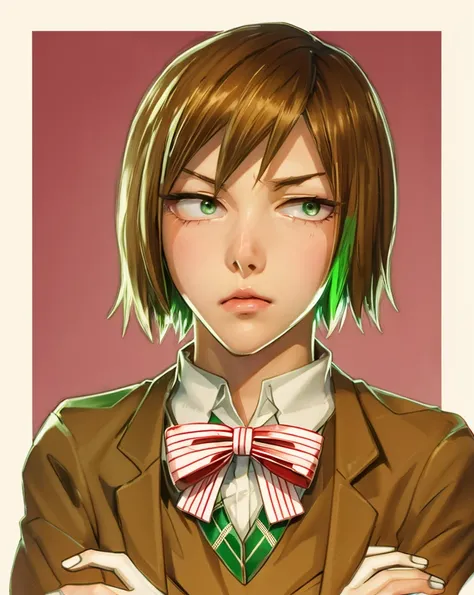  Yowamushi pedal 　Tachibana Aya 　 brown hair　 straight hair　Short Hair　 zitoida　Small dark eyes 　 thin eyebrows　Slightly red cheeks　 Green Blazer Uniform 　red and white strap bow tie　 small tits　