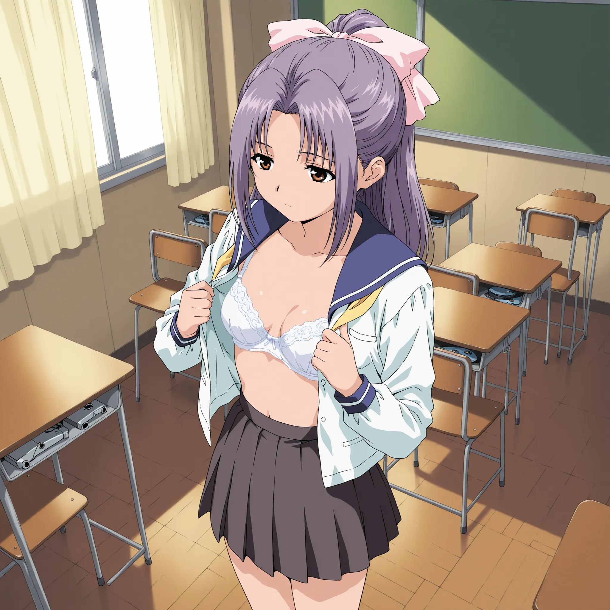  1 girl, Alone,  masterpiece,  top quality, Koigakubo, pink hair bow,  serafuku,  skirt, 
(fish eye), Worry, looking at away,  expressionless,  standing,  from above, BREAK EVENING ,  school classroom,  closed curtains , machine, chair, open shirt, white b...