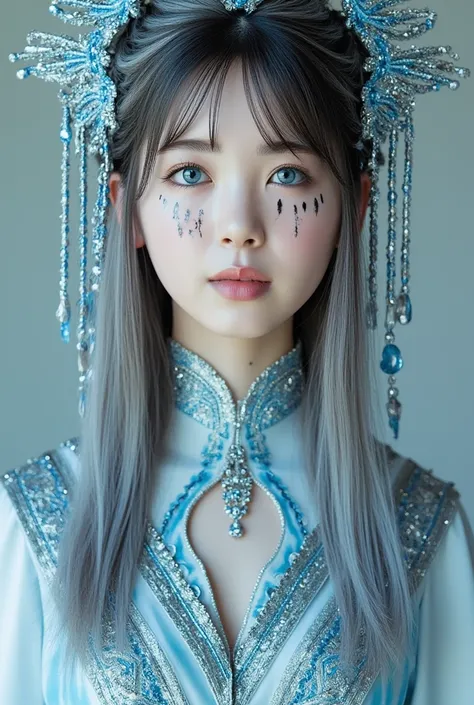 Vintage Blue, The image is a CGI rendering of a white-skinned woman with amazing blue eyes, long silver braided hair, and black teardrop-like stripes.
She wears a blue and silver decorative headdress with dangling pearls and matching clothes.
The makeup is...