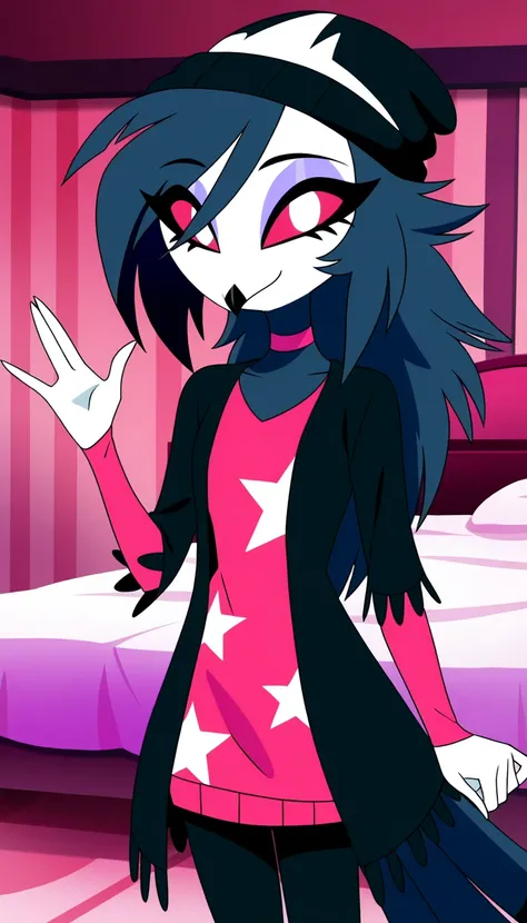 anime screencap, absurdres, high quality, official style, 1girl, octavia \(helluva boss\), octavia, anthro, furry, furry female, owl girl, owl demon, beak, red sclera, white pupils, short hair, messy hair, dark blue hair, swept bangs, gray fur, black beani...